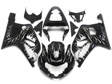 01-03 Black and White Gloss Flame GSXR 600-750 Fairings