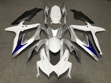 08-10 Gloss White With Silver and blue Matte Black Lower GSXR 600-750 Fairings