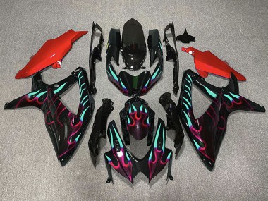 08-10 Red and Cyan Flame GSXR 600-750 Fairings